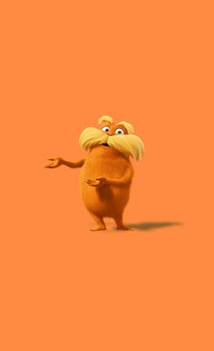 the lorax character is standing in front of an orange background with his arms out