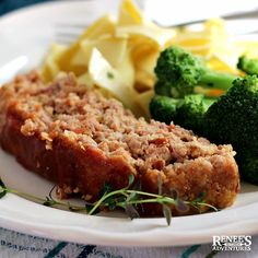 meatloaf, potatoes and broccoli on a white plate