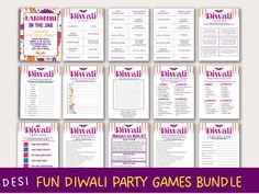 the printable party games bundle is shown in purple, orange and pink colors with an image