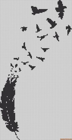 a cross stitch pattern with birds flying in the sky and a cat's head