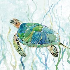 a painting of a turtle swimming in the ocean