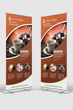 two roll up banners with coffee cups on them