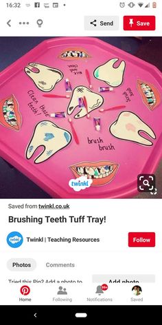 a pink tray with teeth on it and the words ey healthy life styles spelled by kate daniels