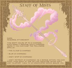 a poster with the words staff of mists written in pink and gold on it