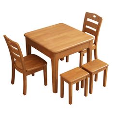 a wooden table and four chairs with one chair on the other side in front of it