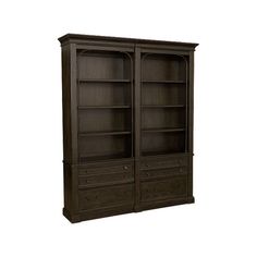 an old bookcase with drawers on the top and bottom shelves, against a white background