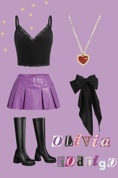 Inspo for Olivia Rodrigos GUTS World Tour!! Simple yet very cute; you can mix and match any items with the colors, jewelry, and any other accesories!! #ad #OliviaRodrigo #Fashion #Outfit #OOTD #Bow #GUTSWorldTour #Concert #OutfitInspo Olivia Rodrigo Summer Outfits, Cute Outfits To Wear To Olivia Rodrigo Concert, Concert Outfit Ideas Olivia Rodrigo, Olivia Rodrigo Good 4 U Outfit, Olivia Rodrigo Concert Outfit Purple, Olivia Rodrigo Concert Outfit Inspired, Olivia Rodrigo Guts Tour Outfit Ideas, Guts World Tour Outfit Ideas, Guts Concert Outfit Ideas