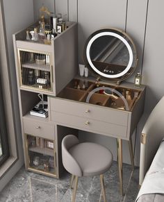 a dressing table with a mirror and stool