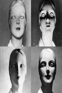 four different images of female mannequins with their faces painted black and white