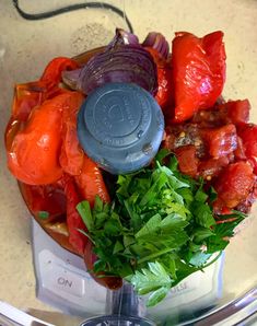 tomatoes, onions and parsley in a food processor