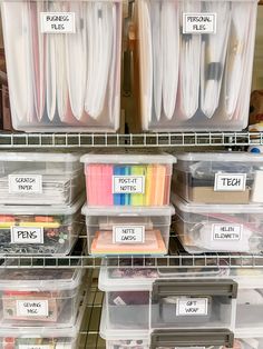 A detailed product shot of clear storage bins from The Container store that are labeled and filled with different types of office goods such as post-its, pens, paper, files. Closet Solutions, Storage Solutions Closet, Kitchen Closet, Note Pen, Travel Home Decor, Storage Closet, Organize Your Home, The Container Store