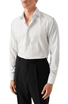 Cut in a contemporary silhouette, this sharp dress shirt is constructed from high-performance, crease-resistant cotton and finished with a refined cutaway collar. Back darts gently ease the width to deliver a fit that feels comfortable all day. French placket Cutaway collar with collar stays Convertible French cuffs 100% cotton Machine wash, line dry Imported Cutaway Collar, Collar Stays, Walker Shoes, Holiday Pajamas, Denim Leggings, Skin Care Women, Free Fabric, Comfortable Dress, Fashion Help