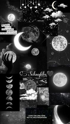 black and white photo collage with moon, stars and clouds in the night sky