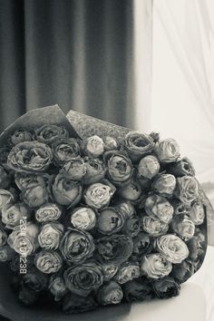 black and white photograph of a bouquet of roses