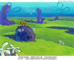 an image of a cartoon scene with flowers and plants on the ground in front of blue sky