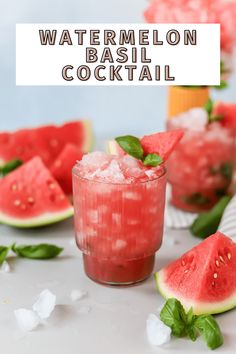 watermelon basil cocktail with mint garnish on the rim and sliced watermelon