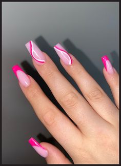 Hot Pink Coffin Nail Ideas, Hot Pink Nails Acrylic Design, Hot Pink Nail Inspo Acrylic, Hot Pink Nail Ideas Acrylic, Pink Nails For Hoco, Short Pink Acrylic Nails Design, Medium Square Acrylic Nails Pink, Hot Pink Nails For Prom, Hot Pink Aesthetic Nails