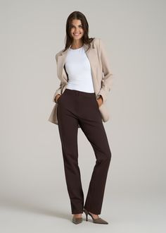 About Our Slacks for Tall Women The search for extra-long women's dress pants is over. Whether you're meeting clients to close a deal or walking into a big job interview, you need an outfit that's going to make you look good and feel confident. Finding options when you're vertically blessed can be tough, which is why we designed this pair of slacks for tall women between 5'9” and 6'6”. They have an extra-long inseam with a turn-up hem, a slim straight fit that will flatter your long legs and a h Pants For Tall Women, Scrubs Dress, Women's Dress Pants, Straight Leg Dress Pants, Cozy Sleepwear, Summer Lookbook, Long Sleeve Tee Shirts, Womens Dress Pants, Tall Women