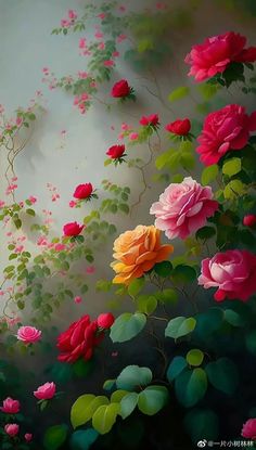 a painting of flowers and leaves on a wall