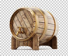 a wooden barrel with a brass faucet sitting on it's stand, against a