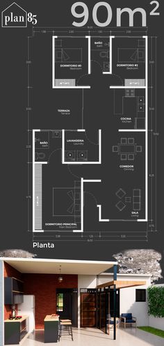 the plan for a house with an open floor plan and two living areas in it