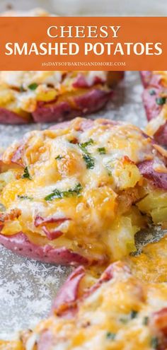 cheesy smashed potatoes on a baking sheet with text overlay that reads, cheesy smashed potatoes