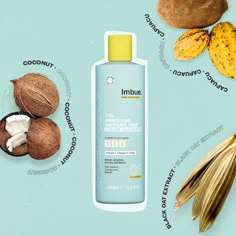 the contents of an inbue body lotion on a blue background with nuts