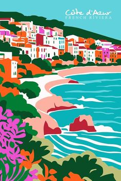 Colorful French Riviera at ArtfullyWalls, undefined Honeymoon Gift, Colorful French, Wall Art Travel, Art Travel, French Riviera, Travel Poster, Poster Print