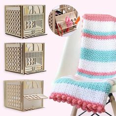 a crocheted chair with four different colors and designs on the back, along with an open box for storage