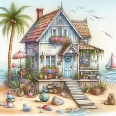 a drawing of a house on the beach with sea shells and other things around it