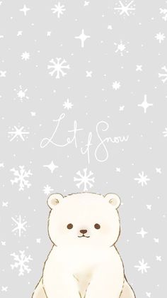 a white polar bear sitting in front of snowflakes