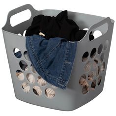 a laundry basket with clothes in it