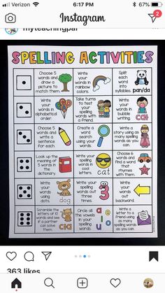 an instagram page with the words spelling activities and pictures for kids to use on their phone