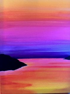 an abstract painting of water and mountains in purple, blue, orange and pink colors