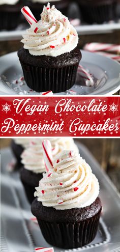 chocolate cupcakes with white frosting and peppermint sprinkles