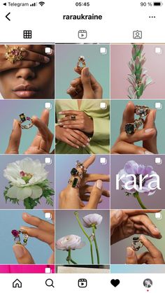 an iphone photo collage with various rings and flowers on it's fingernails