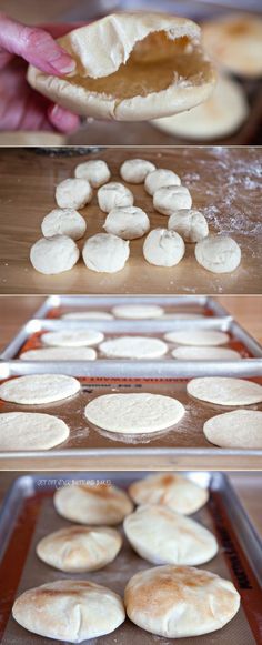 the process of making homemade pita bread is shown in three different stages, including baking