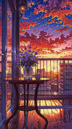 a painting of a sunset over a city with flowers on a table in the foreground