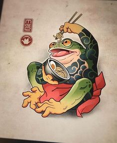 a drawing of a frog with chopsticks in its mouth and holding a cup