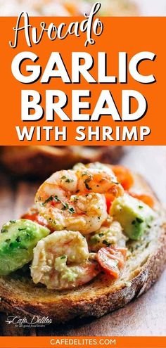 garlic bread with shrimp and broccoli on it in front of an orange background