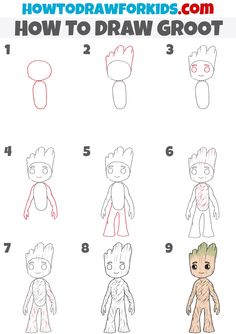 how to draw baby groot from the avengers movie step by step instructions for kids