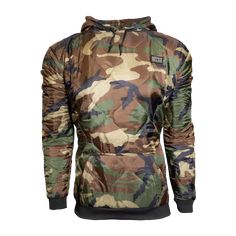 a camo hoodie is shown with the hood pulled up and zippered down