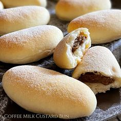 several pieces of bread sitting on top of a pan