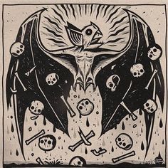 a black and white drawing of a cross with skulls on it's face, surrounded by bones