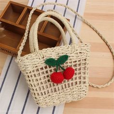 20Pcs Knitted Woolen Yarn Cherry Hook Weaving DIY Ornaments Craft Supplies Clothing Hat Shoe Key Grass Weaving, Weaving Bag, Weaving Diy, Vacation Bag, Straw Beach Bag, Diy Weaving, Diy Ornaments, Woven Handbags, Holiday Bag