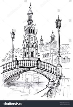 an ink drawing of a bridge over a river with buildings and lamps on either side