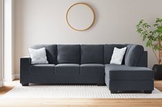 a living room with a gray couch and white rugs on the wooden floor next to a potted plant