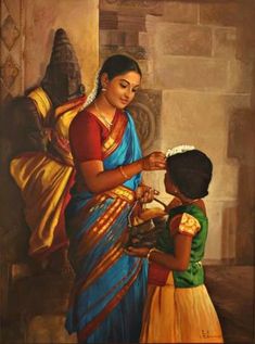 a painting of a woman serving food to a child