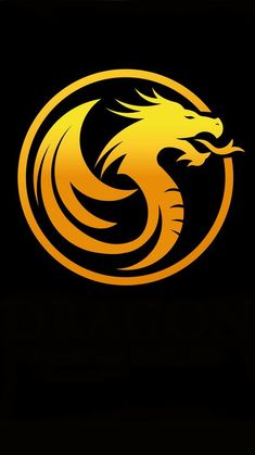 an orange and black dragon logo on a black background