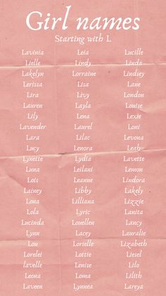 a pink poster with the names of girls names in white lettering on it's side